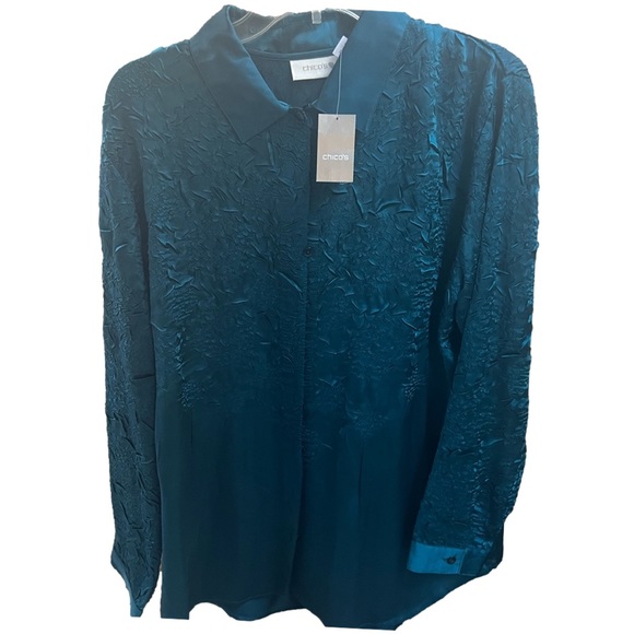 Chico's Tops - Chicos women’s blouse NWT SZ 2 Large crinkle crush Roxanne Top LS Mallard Teal